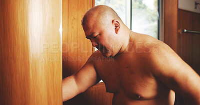 Buy stock photo Athlete, training and exercise for sumo, warm up and splits with preparation, stretching and technique in Japan. Man, fighter and sports in dohyo for practice, workout and fitness with wrestling