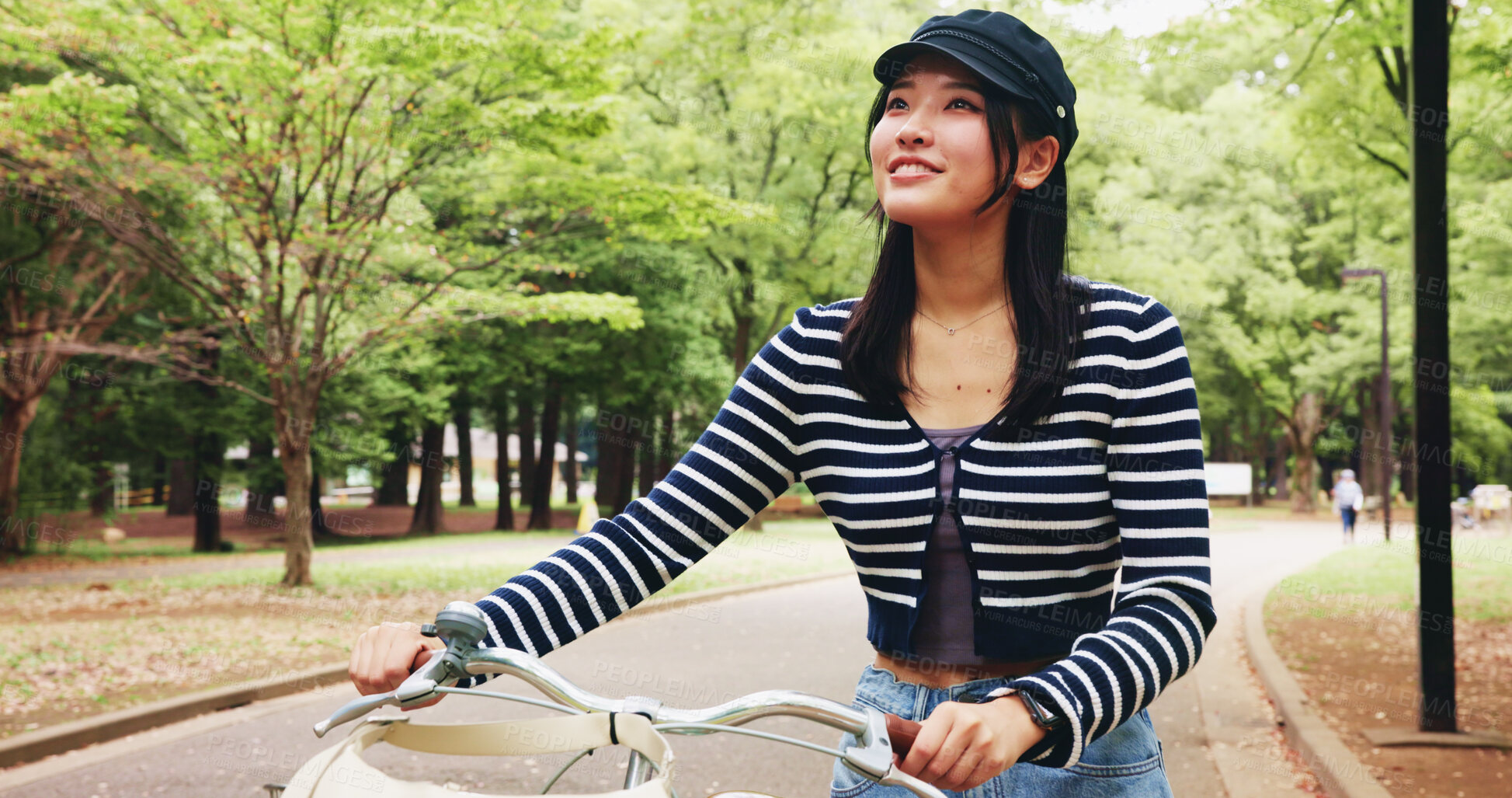 Buy stock photo Park, woman and thinking for walking with bicycle for travel, transportation and carbon footprint in Japan. Outdoor, female person and happy at forest on break with adventure for self care and relax