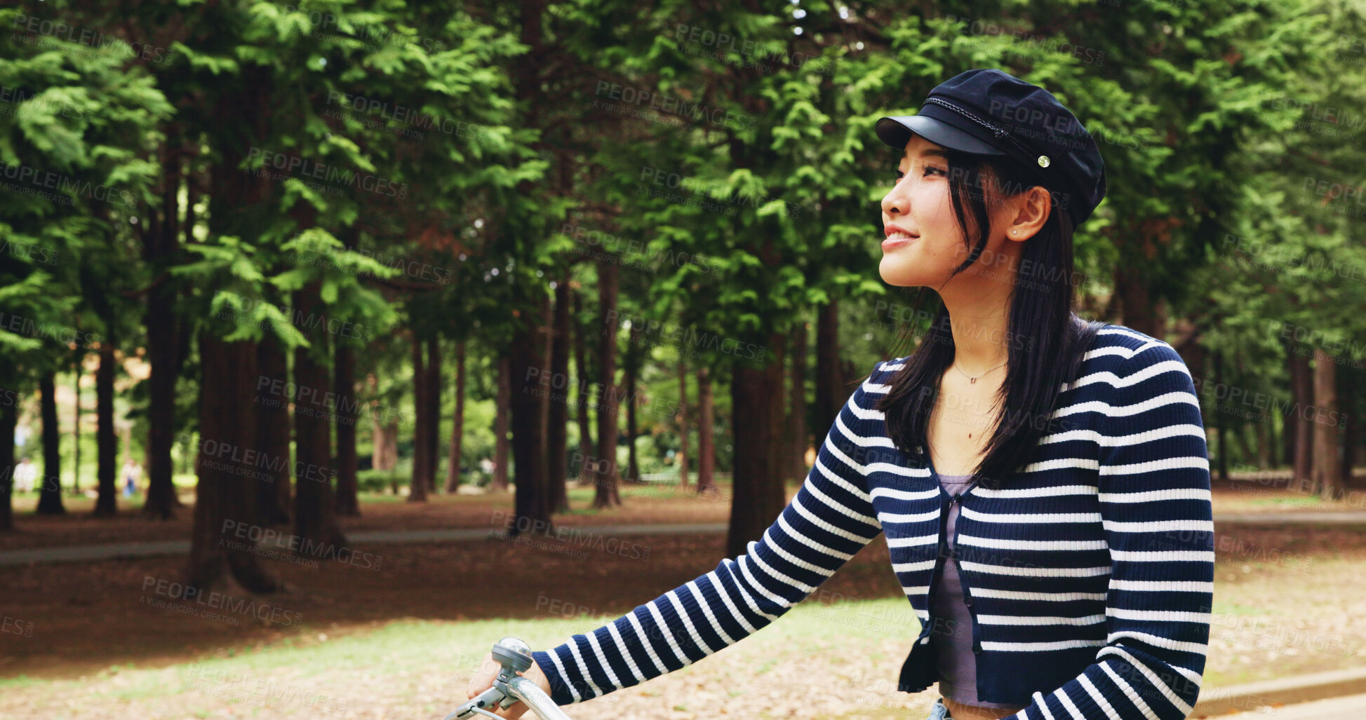 Buy stock photo Forest, woman and thinking for walking with bicycle for travel, transportation and carbon footprint in Japan. Outdoor, female person and happy at park on break with adventure for self care and relax