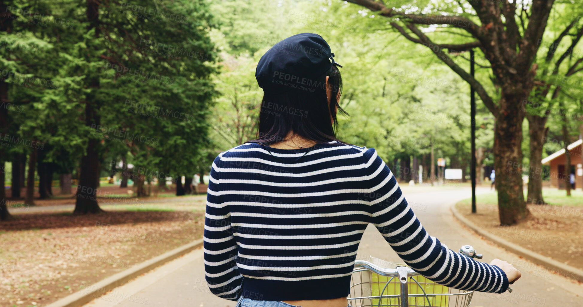 Buy stock photo Travel, back and person with bicycle, commuting and adventure for tourist, transport and exploring of nature. Outdoor, student and tourism of environment, traveller or scenery of destination in Japan