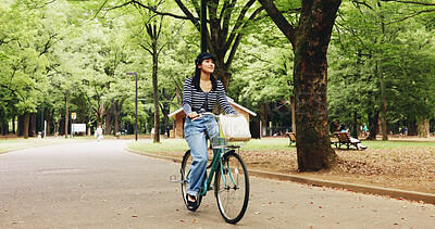 Buy stock photo Nature, active and woman with bicycle, travel and commuting in city road or transport for student. Outdoor, fitness and girl with bike for trip, cyclist and tourism of national park, cycling or Japan