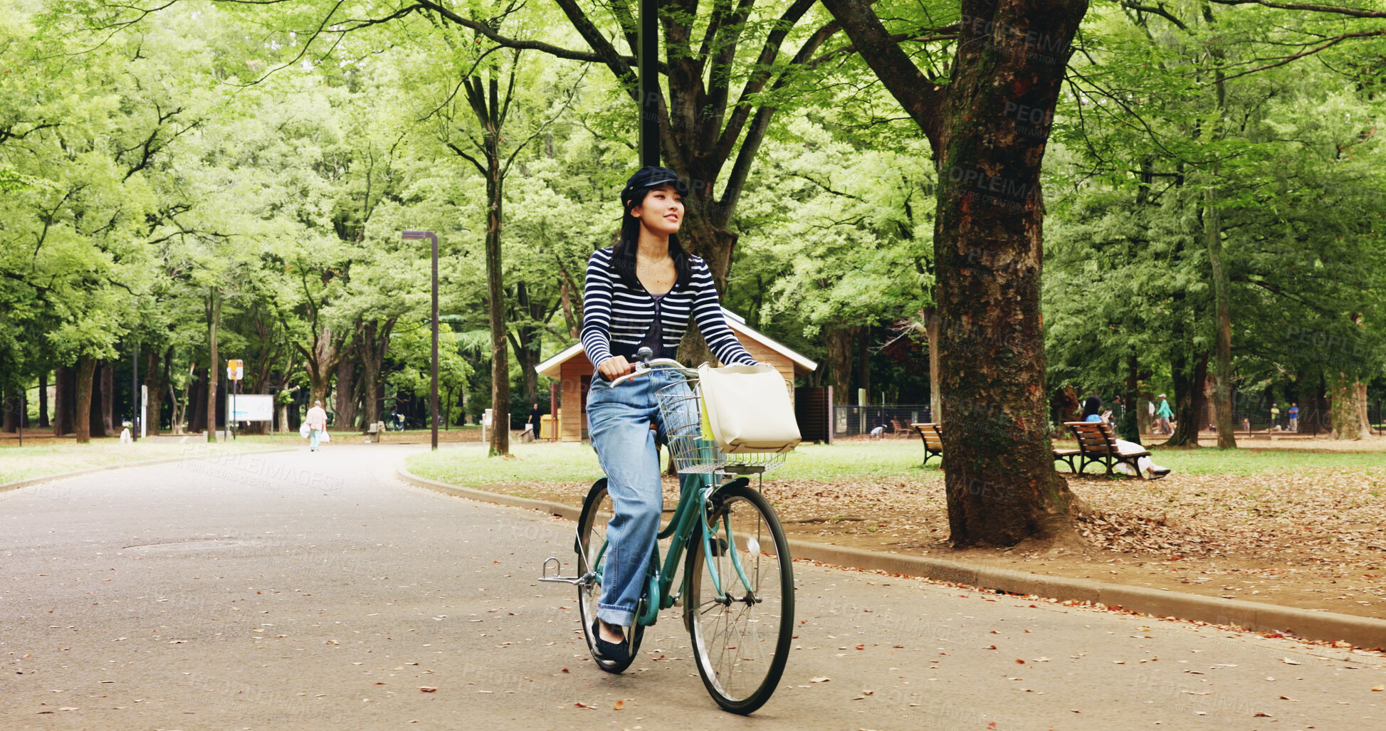 Buy stock photo Nature, active and woman with bicycle, travel and commuting in city road or transport for student. Outdoor, fitness and girl with bike for trip, cyclist and tourism of national park, cycling or Japan