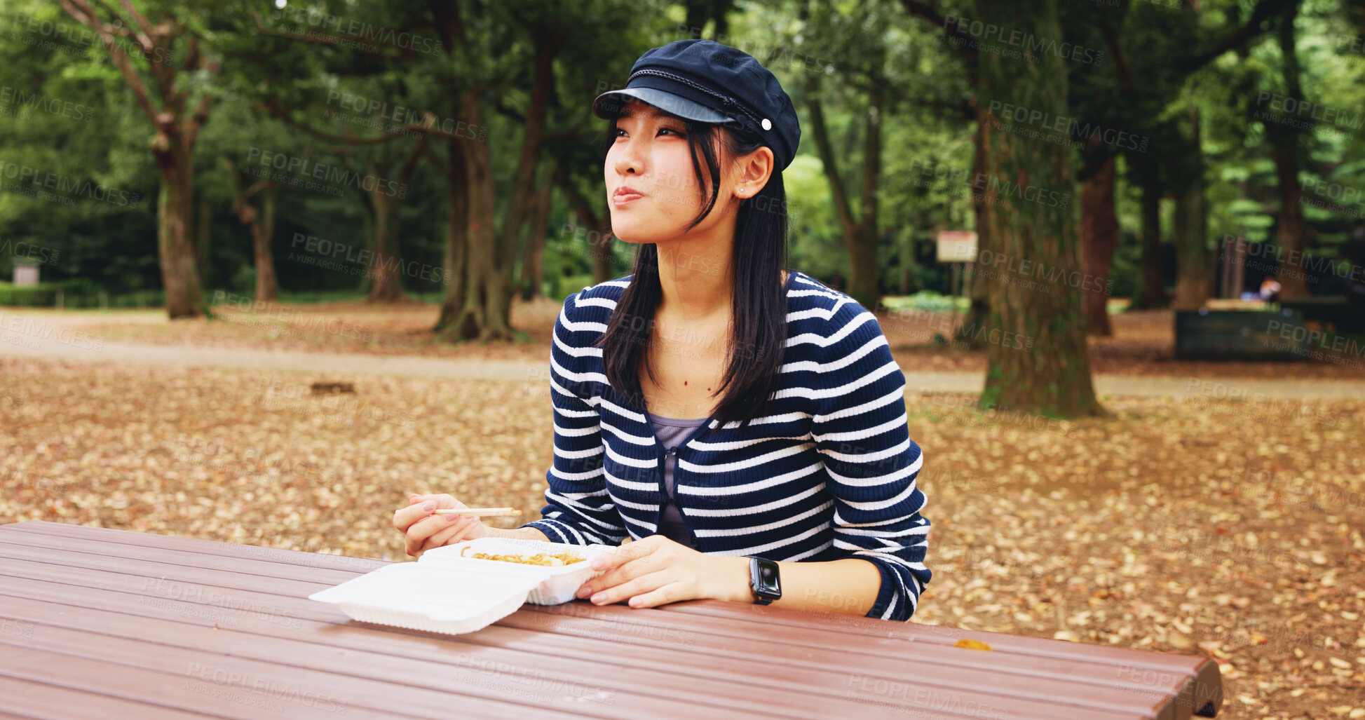 Buy stock photo Park, woman and thinking with takeaway of food as lunch on break, relax and enjoy in Japan. Outdoor, female person and thoughts with noodles as meal, snack and cuisine at forest with memories or rest