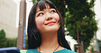 Ideas, travel and Japanese woman in city with adventure decision, choice or option outdoor. Happy, thinking and female person in town with memory, reflection or wonder on vacation, holiday or journey