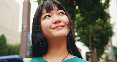 Buy stock photo Ideas, travel and Japanese woman in city with adventure decision, choice or option outdoor. Happy, thinking and female person in town with memory, reflection or wonder on vacation, holiday or journey