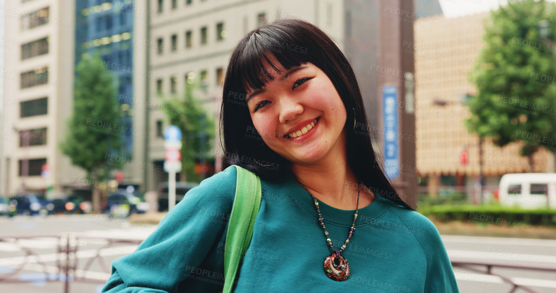 Buy stock photo Smile, portrait and student with Japanese woman in city for travel, college campus and commute. Happiness, youth and University with person in Japan for tourism, summer vacation and education future