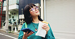 Thinking, student and woman with smartphone, snack and ideas for exam, eating and campus. Outdoor, education and Asian person with food, contemplating and mobile with schedule, smile and Japan