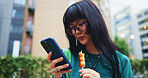 Student, education and woman with smartphone, eating and browsing of timetable for exam, food and campus. Outdoor, reading and Asian person with snack, scroll and check of schedule, mobile and Japan