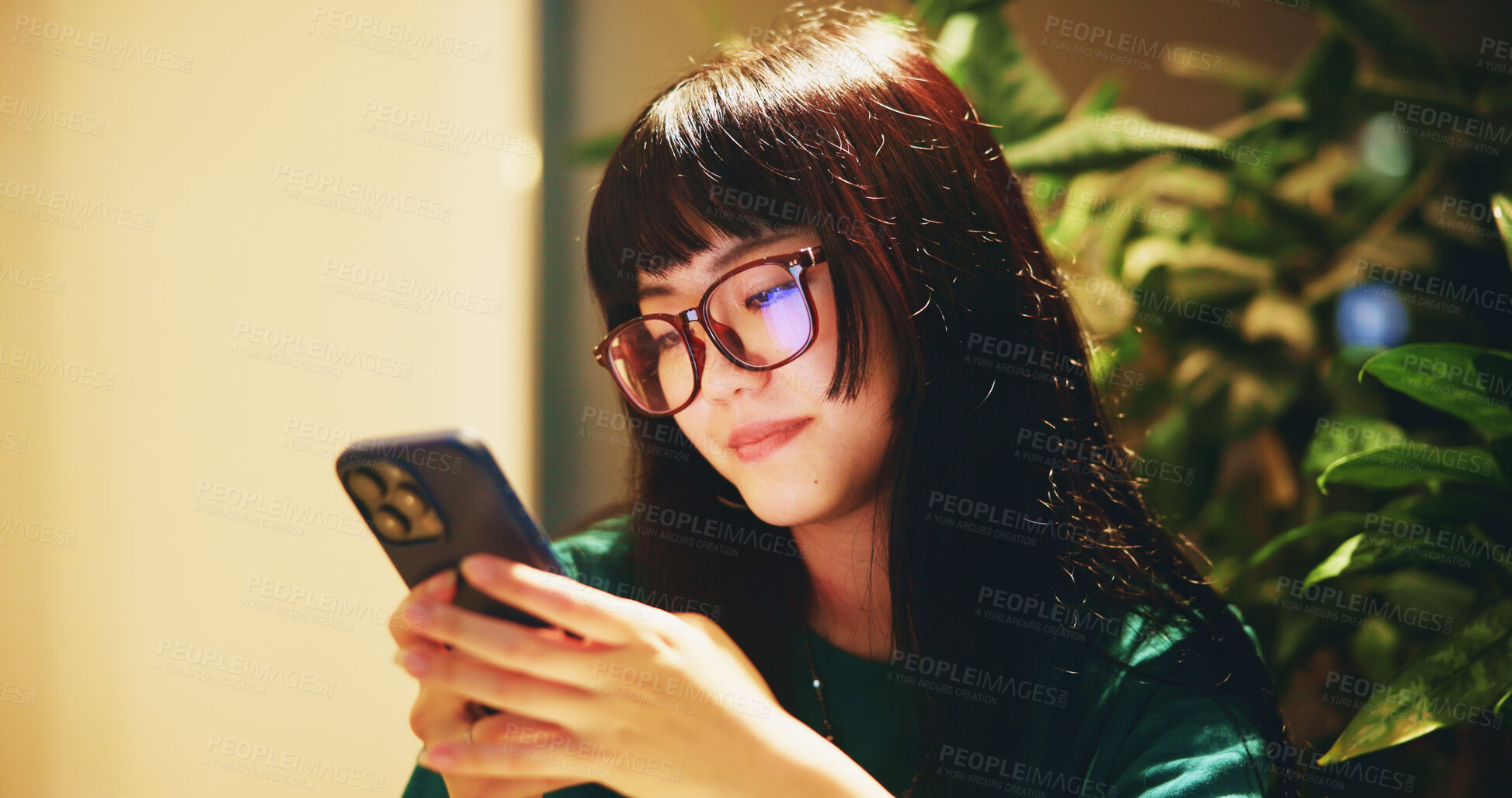 Buy stock photo Japanese, woman and typing with phone at cafe for communication, browse social media and chat notification. Girl, glasses and mobile app with texting contact, reading blog and dating website in Japan