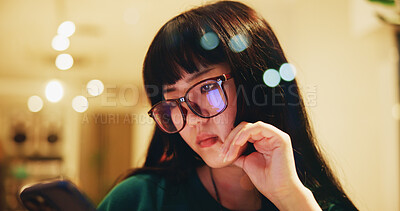 Buy stock photo Japanese, girl and thinking with phone at cafe of  communication, social media and chat notification. Woman, glasses and mobile for coffee, texting contact and reading blog of dating website in Japan