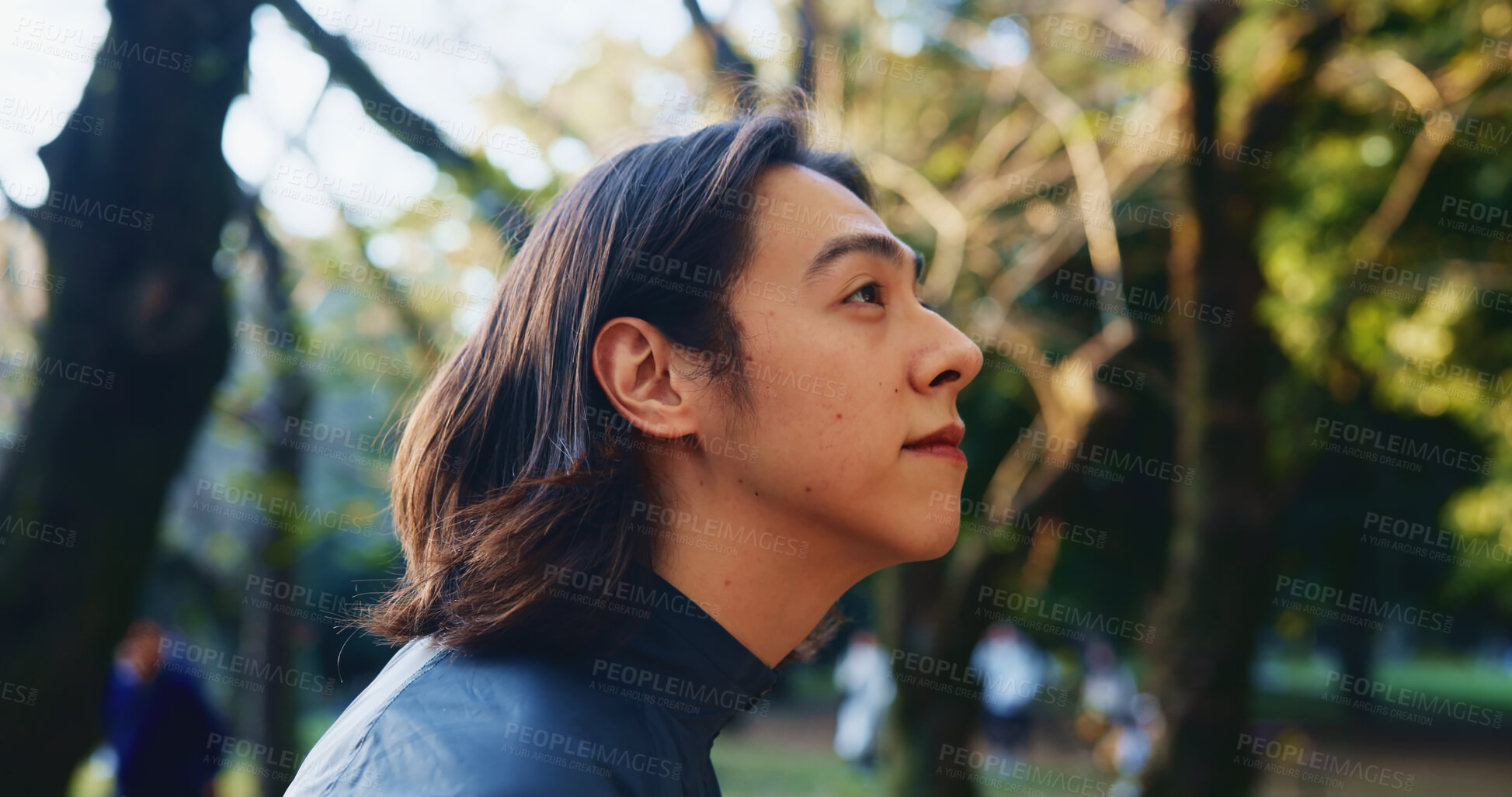 Buy stock photo Japanese man, vision and walking for commute, travel or wondering with thoughtful mind outdoor. Male person, thinking and planning in city for morning journey, explore or weekend tourist with idea