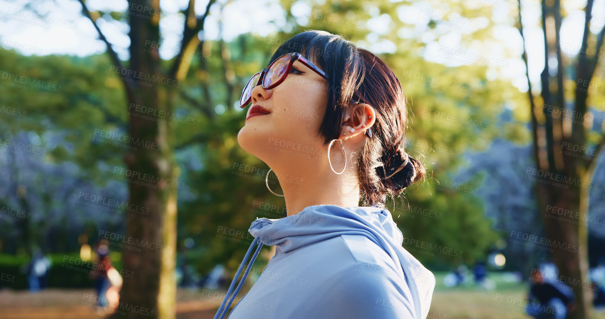 Buy stock photo Japanese woman, thinking and walking for commute, travel and wondering with thoughtful mind outdoor. Female person, vision and planning in city for morning journey, explore and weekend with idea