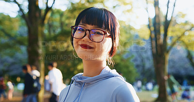 Buy stock photo Japan, fitness and woman in park, portrait and wellness with exercise, workout and morning routine. Asian person, athlete and runner with glasses, challenge and training with break, outdoor and smile