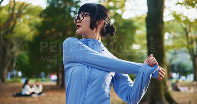 Buy stock photo Park, woman and thinking with stretching as exercise routine for self care, wellness and health in Japan. Outdoor, female person and workout or training in sportswear with warm up, cardio and fitness