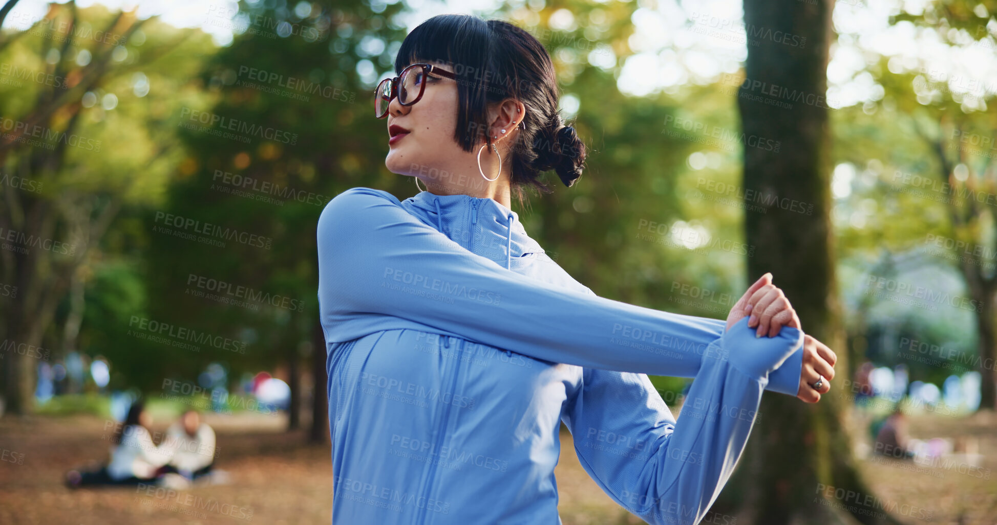 Buy stock photo Park, woman and thinking with stretching as exercise routine for self care, wellness and health in Japan. Outdoor, female person and workout or training in sportswear with warm up, cardio and fitness