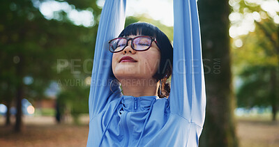 Buy stock photo Park, woman and eyes closed with stretching as exercise routine for self care, wellness and health in Japan. Outdoor, female person and workout or training in sportswear with warm up and fitness