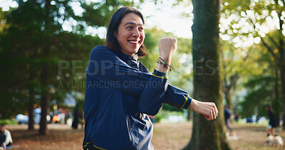 Buy stock photo Park, man and happy with stretching as exercise routine for self care, wellness and health in Japan. Outdoor, male person and workout or training in sportswear with warm up, cardio and fitness