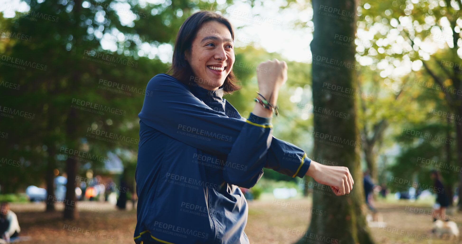 Buy stock photo Park, man and happy with stretching as exercise routine for self care, wellness and health in Japan. Outdoor, male person and workout or training in sportswear with warm up, cardio and fitness