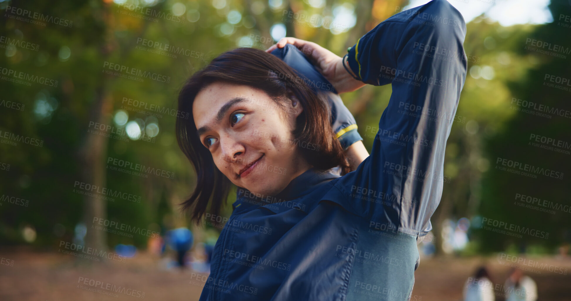 Buy stock photo Park, man and smile with stretching as exercise routine for self care, wellness and health in Japan. Outdoor, male person and workout or training in sportswear with warm up, cardio and fitness