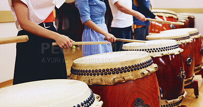 Buy stock photo Japanese drums hands and people with music on instrument for stage practice, performance or talent. Taiko, sticks and drummers in band to play in rehearsal for culture, song rhythm or creative beat