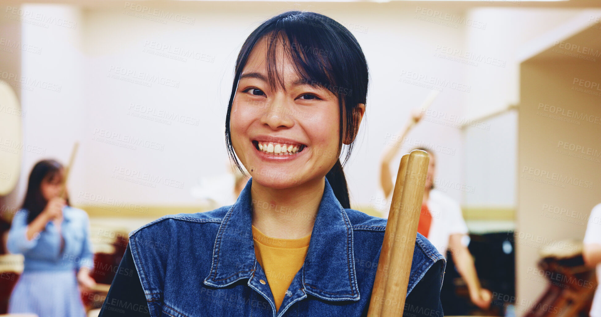 Buy stock photo Portrait, smile and woman with drum sticks of teaching music, community practice and art performance. Teacher, arms crossed and instrument with festival band, wadaiko culture and team talent in Japan