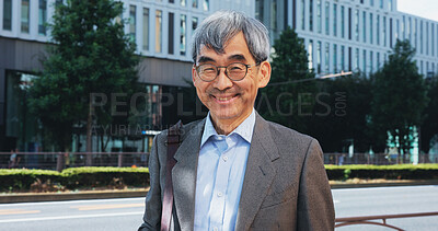 Buy stock photo Outdoor, businessman and smile on portrait in city with pride and commuting to work in Japan. Mature person, employee and happy for urban development with confidence or satisfied for career growth