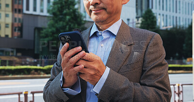 Buy stock photo Phone, hands and businessman in city for communication, email or networking with online investor. Technology, contact and finance executive on cellphone for company revenue report in town in Japan.