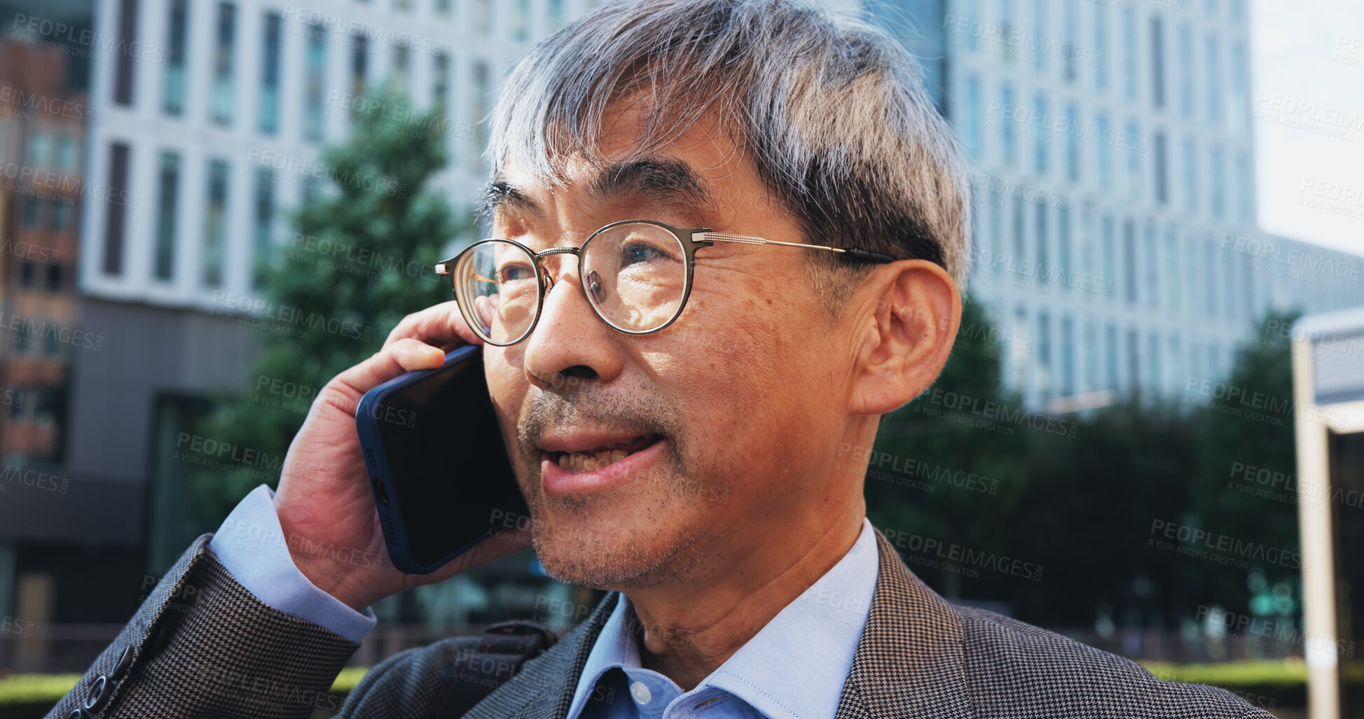 Buy stock photo Outdoor, businessman and conversation on phone call in city for contact and communication in Japan. Mature person, employee and closeup on discussion or networking for urban development and growth