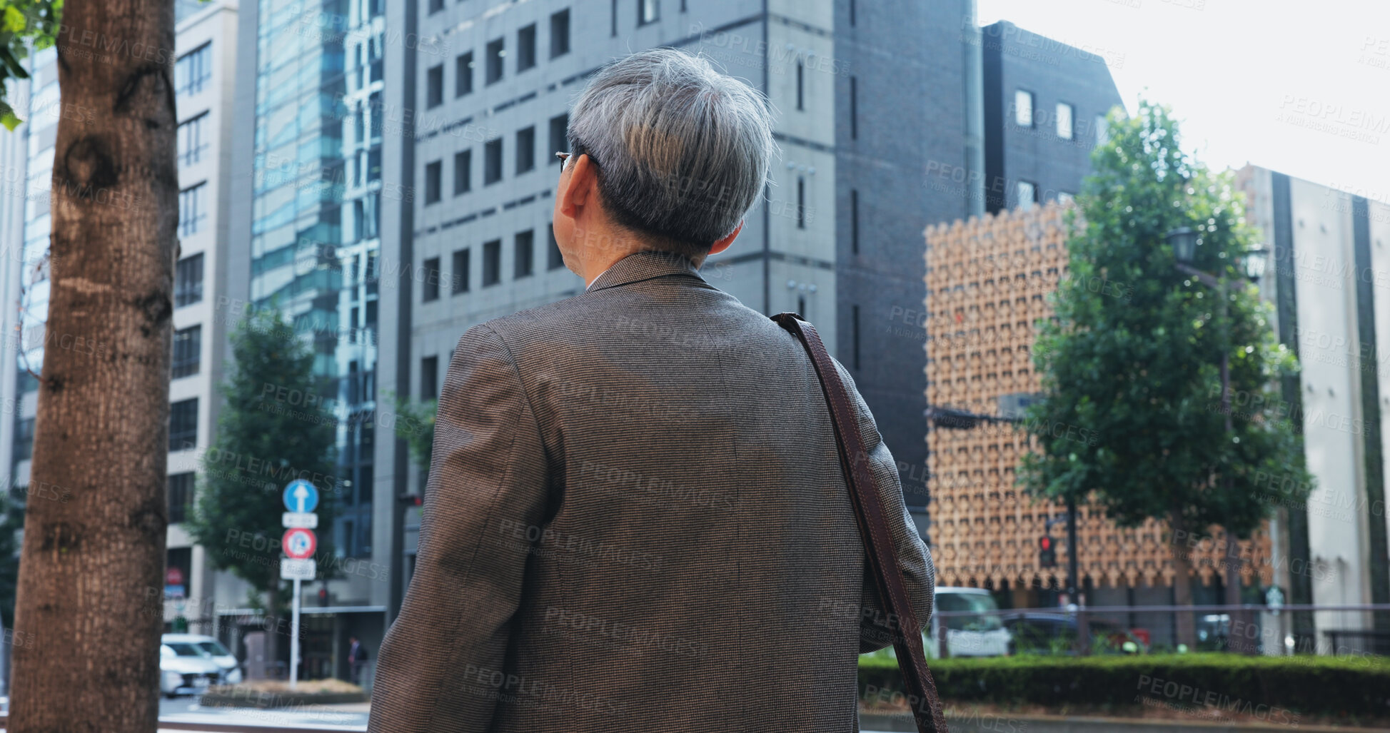 Buy stock photo Morning, businessman and walking journey in city, commute and travel location to workplace for lawyer. Back, male person and attorney with trip for corporate career, advocate or sightseeing in Japan