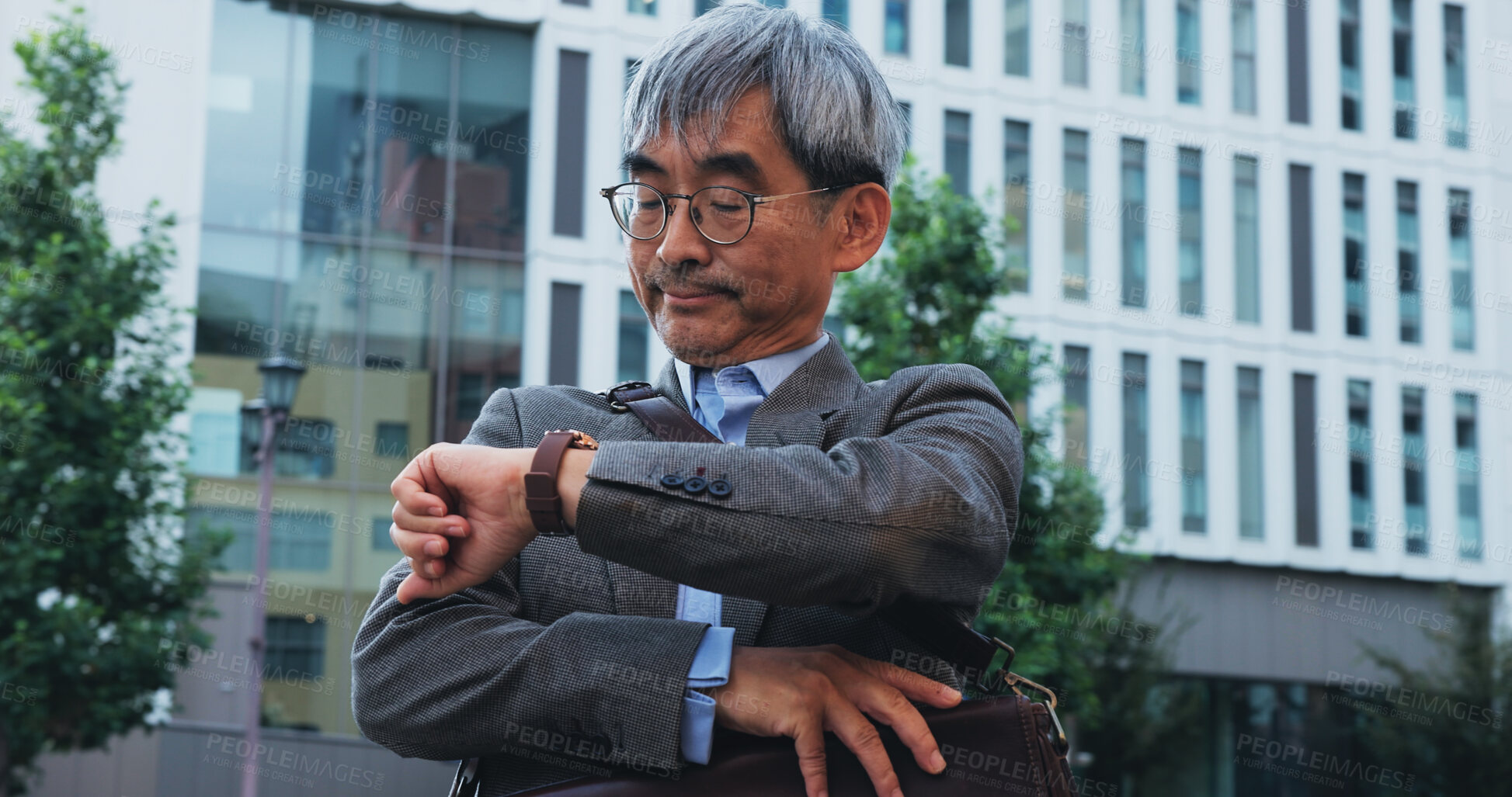 Buy stock photo Outdoor, businessman and check time on wristwatch in city with commuting to meeting and office in Japan. Mature person, employee and schedule for transport, bus or taxi to work and appointment