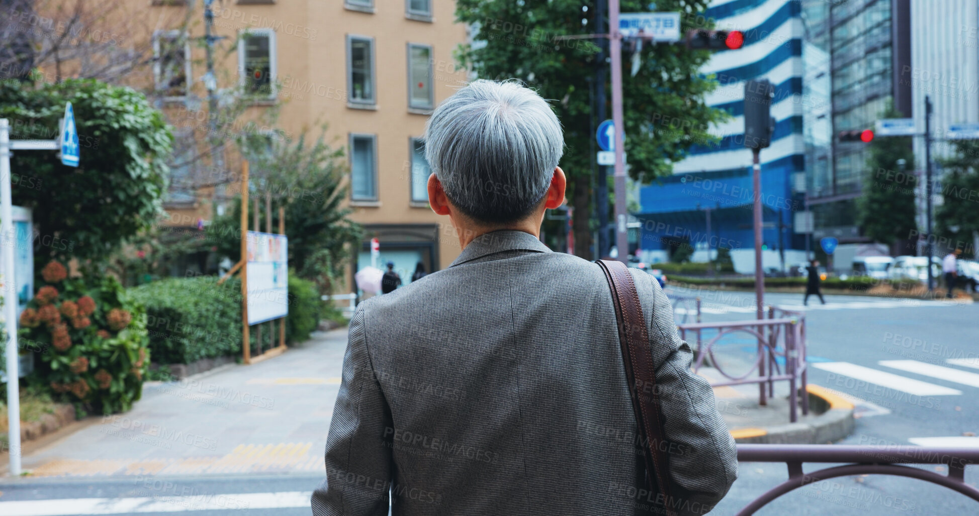 Buy stock photo Morning, businessman and walking by back in city, commute and travel journey to workplace for lawyer. Urban, male person and attorney with trip for corporate career, advocate and road in Japan