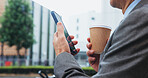 Businessman, hands and phone in city with coffee, travel and cafe review in Japan. Person, commute and mobile in urban Tokyo for online transport service, planning calendar and update schedule in app