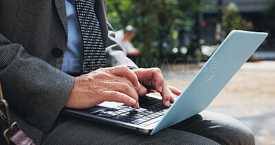 Buy stock photo City, hands and laptop with business person outdoor for commute, remote work or travel closeup. Computer, email and typing with corporate employee in Japan for information, reading or research