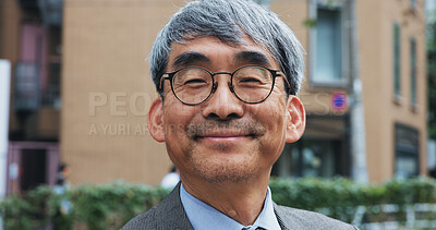 Buy stock photo Business, city and portrait of mature man outdoor in Japan for morning commute or travel to work. About us, glasses and smile with face of happy Japanese in urban town for break from corporate career