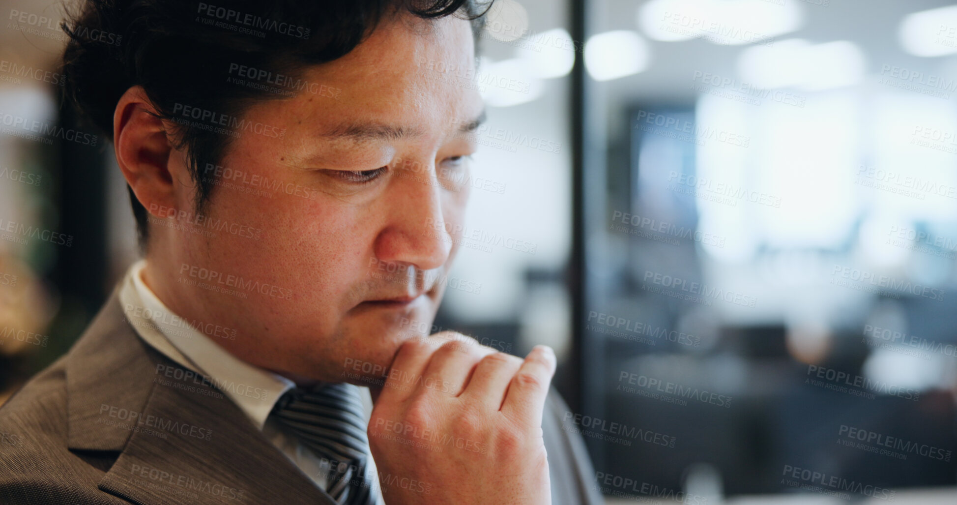 Buy stock photo Thinking, businessman and ideas in office, serious and planning for opportunity, investor and stock market. Finance, wondering and Asian person in corporate, contemplating and stockbroker in Japan