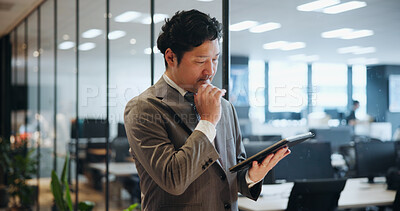 Buy stock photo Japan, business and man with tablet, thinking and internet with stock market, connection and network. Asian person, accountant and employee in modern office, communication and digital app for email