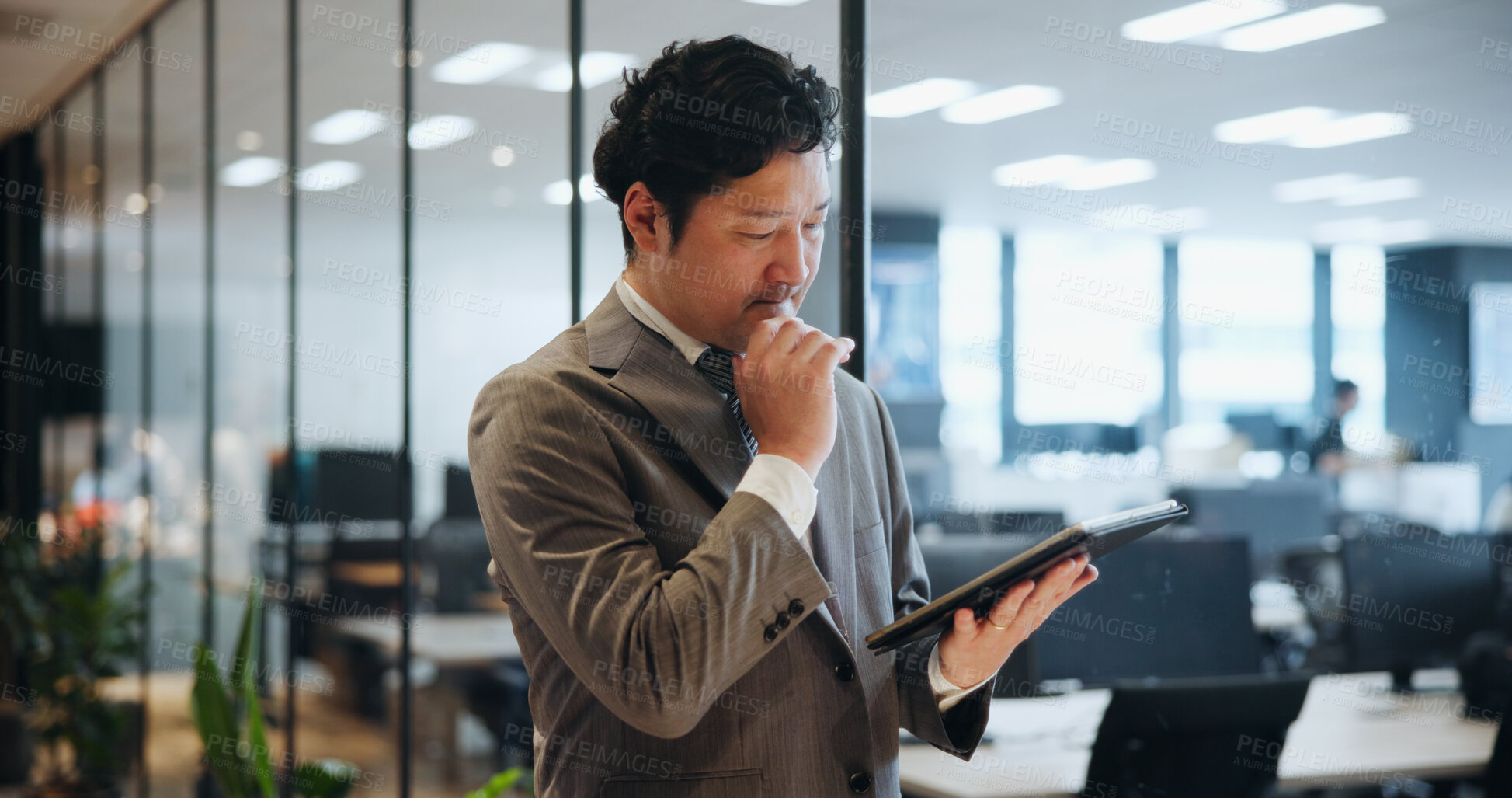 Buy stock photo Japan, business and man with tablet, thinking and internet with stock market, connection and network. Asian person, accountant and employee in modern office, communication and digital app for email