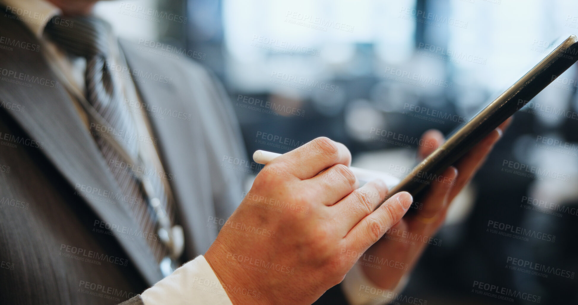 Buy stock photo Employee, hands and man with tablet, stylus and typing with social media, network and digital app. Closeup, accountant and consultant with stock market, message or technology with chatting or Japan