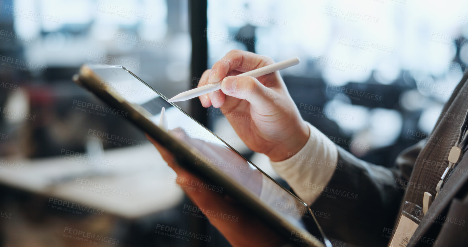 Buy stock photo Stylus, hands and man in office, tablet and internet with network, connection or digital app. Closeup, employee or consultant in workplace, message to contact or tech with email notification or Japan