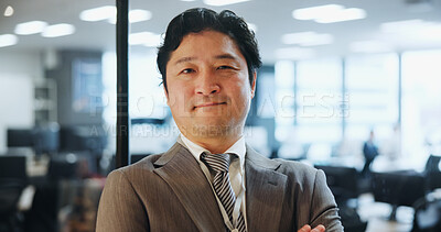 Buy stock photo Japanese, businessman and portrait in office with pride, smile and confident as attorney at law. Male person, commitment and arms crossed as lawyer for company, justice and legal agency in corporate