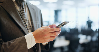 Buy stock photo Business, hands and man in office, smartphone and typing with social media, network and texting. Closeup, employee and consultant in workplace, message to contact and cellphone with app and Japan