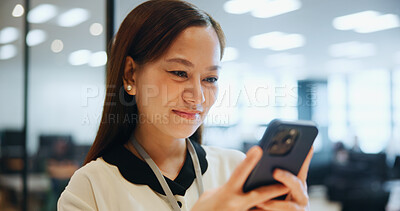 Buy stock photo Phone, happy and businesswoman in office with email, networking or communication for investment. Technology, contact and Japanese female financial planner with cellphone for online finance report.