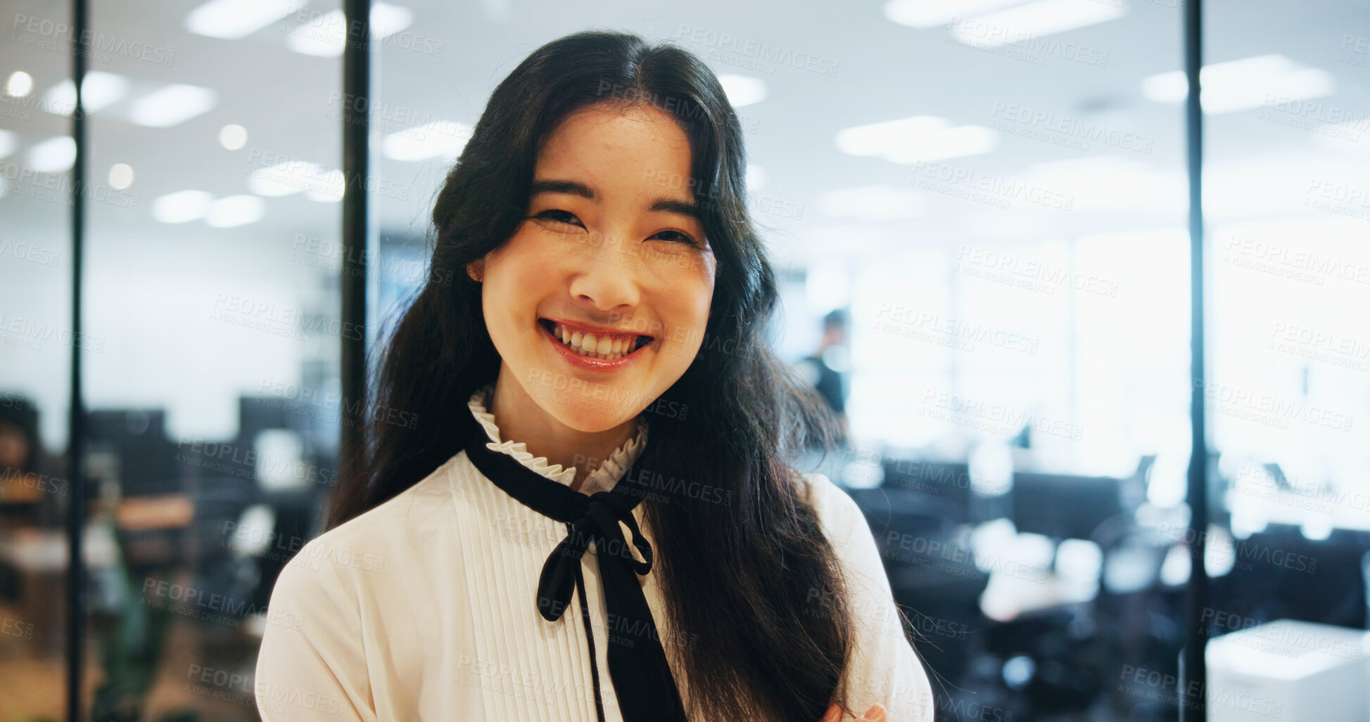 Buy stock photo Japanese, business woman and portrait with pride, smile and confident as attorney at law in office. Female person, happiness and professional as lawyer for company, justice or legal firm in corporate