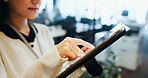 Business, hands and scroll on tablet in office for portfolio management, funding proposal review or reading info. Budget analyst, person or tech for contract application or checklist at japanese firm