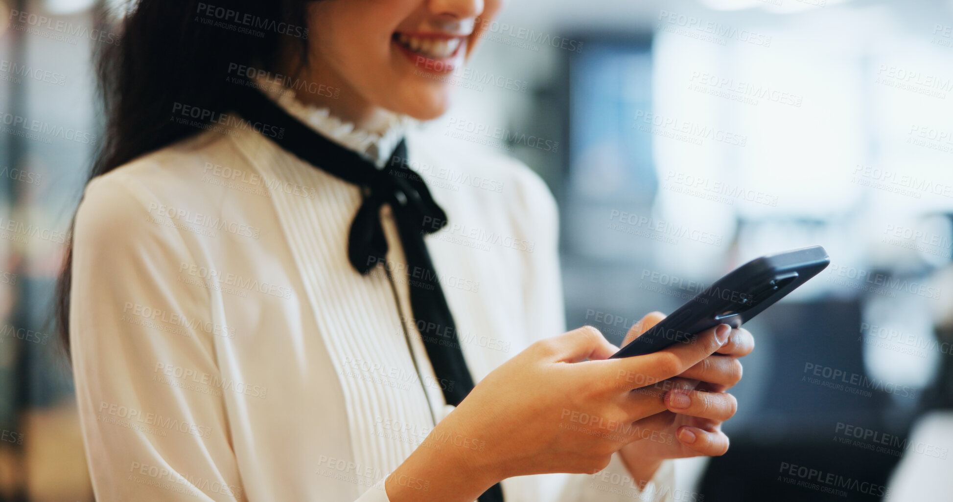 Buy stock photo Cellphone, hands and businesswoman in office with email, networking or communication for investment. Technology, contact and Japanese female financial planner with phone for online finance report.