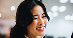 Woman, accountant thinking and office for planning proposal, financial firm and reflection on ideas. Female person, professional and workplace for insight on economy growth, investing and Japan