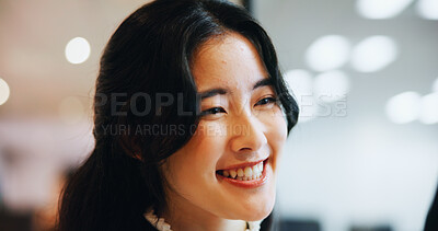 Buy stock photo Woman, accountant thinking and office for planning proposal, financial firm and reflection on ideas. Female person, professional and workplace for insight on economy growth, investing and Japan