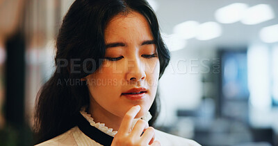 Buy stock photo Japan, thinking and woman in office, business and choice with planning for project. Asian person, employee and journalist in workplace, idea and decision with opportunity, thoughts or problem solving