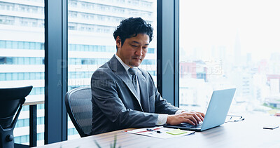 Buy stock photo Japan, business and man in office, laptop and typing with economy analyst, internet and network. Employee, corporate professional and consultant with computer, accounting and website info for trading