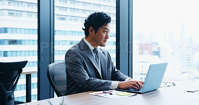 Buy stock photo Japan, business and man with laptop, typing and accounting with economy analyst, internet and network. Employee, corporate professional and consultant with computer, website info for trading and app